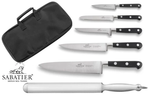 Sabatier Ideal 100% Forged Set Of 5 Kitchen Knives + 1 Sharpening Steel + Knife Bag 1 Sabatier Ideal 100% Forged Set Of 5 Kitchen Knives + 1 Sharpening Steel + Knife Bag -EdgeMaster Shop sabatier ideal forged set 5 kitchen knives 1 sharpening steel knife bag