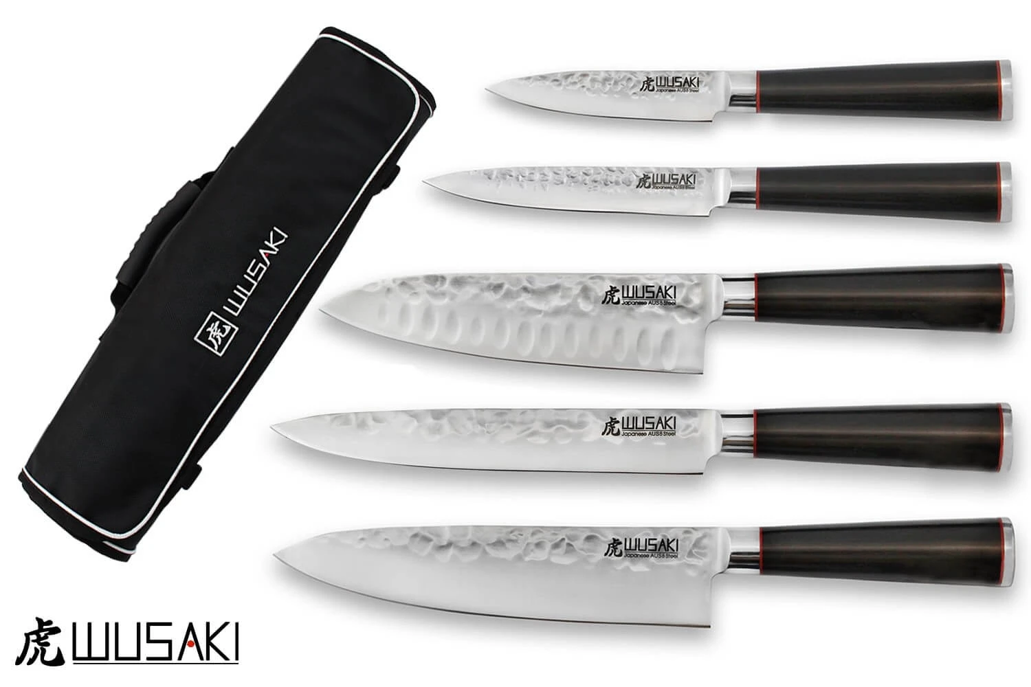 Wusaki Ebony AUS8 Set With 5 Kitchen Knives + 1 Roll Bag 3 Wusaki Ebony AUS8 Set With 5 Kitchen Knives + 1 Roll Bag